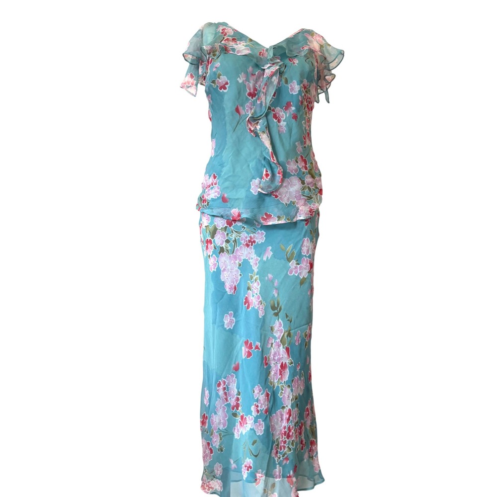 90s ECI New York 100% Silk Floral Beaded 2 Piece Top Maxi Skirt Set Teal Small